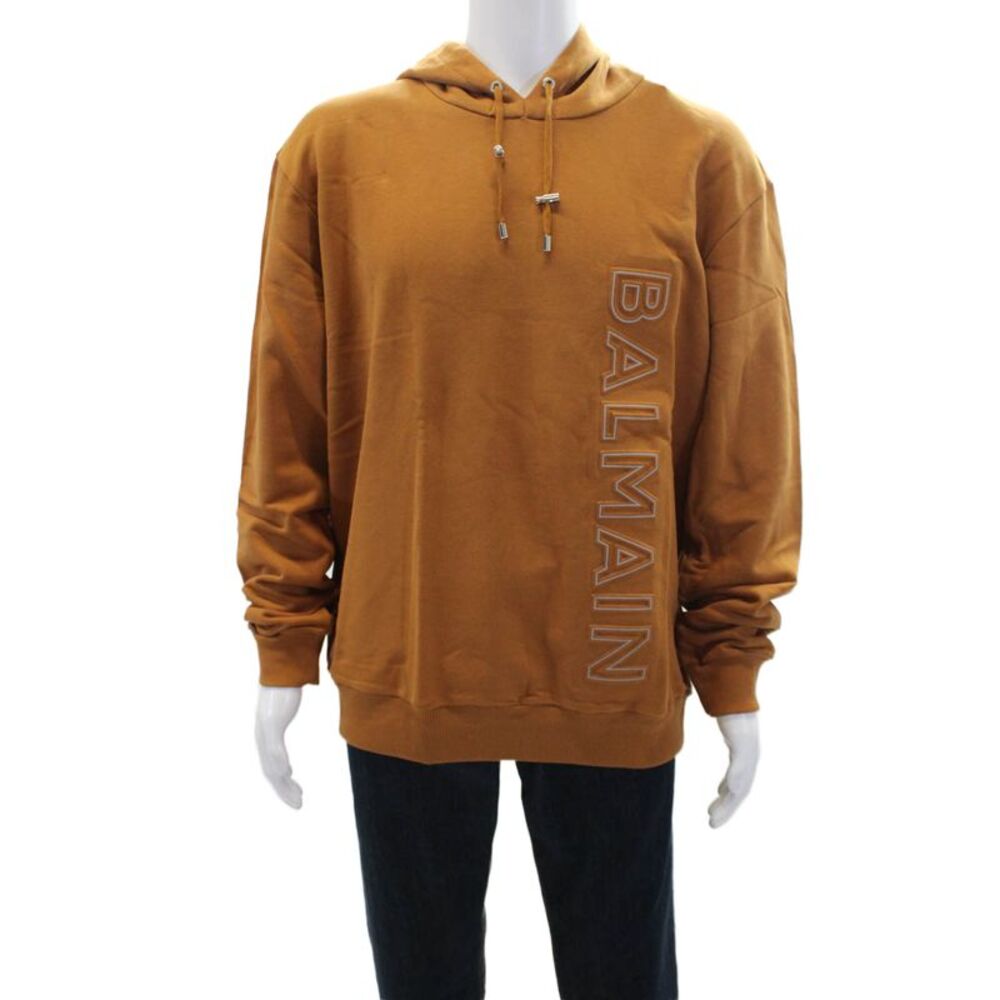 Balmain Mens Cotton Raised Logo Long Sleeve Drawstring Hoodie Brown Size M